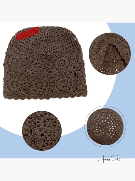 100% Cotton Crochet Beanie Hat Handmade Knit Slouchy Floral Skull Hat Knitted main image 4